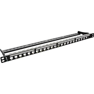 Produktbild von InLine Patchfeld Leerblech 24-fach, für RJ45 Keystone Snap-In 19"/0.5HE schwarz, Cat5e, Cat6, Cat6a, Rackeinbau, 0.5U, Schwarz, 100 x 480 x 22 mm, 100 mm