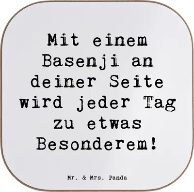 Produktbild von Mr. & Mrs. Panda Holzuntersetzer Spruch Basenji Freude - Weiß - Geschenk, Hunderassen Vielfalt, Hund, Flaschenuntersetzer, Eigenschaften, Coaster, Untersetzer für Gläser
