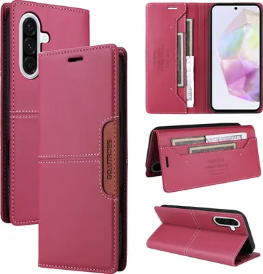 A collage of images showing a red leather flip wallet phone case with card slots and a stand feature.