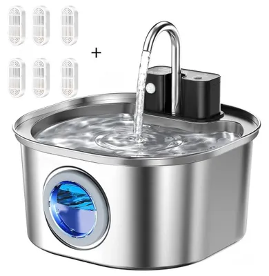 Image de Fontaine à eau pour chats, 3,2 litres - Fontaine à eau automatique pour animaux de compagnie - Acier inoxydable - Recharge sans fil - Fonctionne sur batterie - Contrôle par capteur - Livrée avec 6 filtres