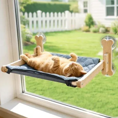 Produktbild von Katzenliegen für Fenster – Katzenhängematten für Fenster – Entspannung für Katzen – Robuste Holzkonstruktion – 58 x 365 x 238 cm
