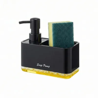 Image de Distributeur de savon avec support pour éponge (noir), distributeur de liquide vaisselle avec support pour éponge, distributeur compact 2-en-1 de liquide vaisselle pour évier et plan de travail.