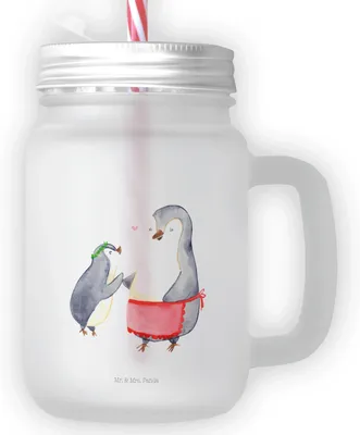 Produktbild von Mr. & Mrs. Panda Glas Pinguin mit Kind - Transparent - Geschenk, Muttertag, Vorbild Mama, deckel, Mason Jar, Familie, Schraubdeckel, Cocktailglas, Mutter