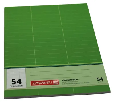 A green notebook with grid lines and a label area.