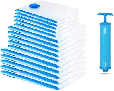 Obrázek produktu pro Sada 12 vakuových úložných sáčků Unyqoos®, PET/PE – 2 kusy o rozměrech 130 x 100 cm, 2 kusy o rozměrech 100 x 80 cm, 4 kusy o rozměrech 80 x 60 cm, 4 kusy o rozměrech 60 x 40 cm, vzduchotěsné, opakovaně použitelné, vhodné pro oblečení a ložní prádlo