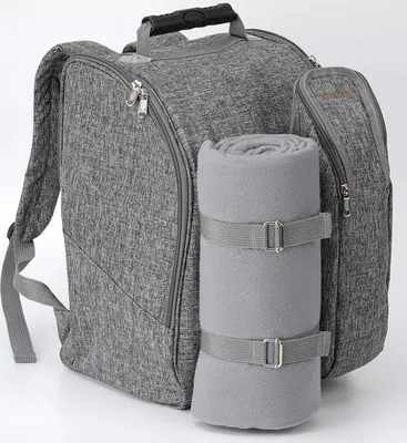 Produktbild von BRUBAKER Picknickrucksack für 2 Personen - mit Flaschenhalter und Decke - Grau Melange 28 × 22 × 40 cm
