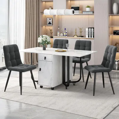 Obrázok produktu pre Jedálenský set Fortuna Lai (sada, jedálenský stôl 150 × 80 × 76 cm so 4 stoličkami), skladací kuchynský stôl, tmavosivé zamatové jedálenské stoličky, čalúnená stolička s operadlom, doska stola z MDF v bielej farbe, čierne nohy stola