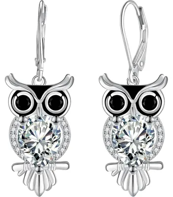 Productafbeelding van Oorbellen, hangend, lang, zilver 925, met zirkonia, uilenmotief, cadeau