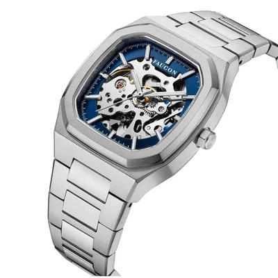 Produktbild von Faucon Octagon Automatik in blau / silber, Skelett Herren Armbanduhr, Uhr mit Analog Anzeige und Leuchtindizies, mechanisches Uhrwerk