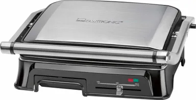 A close-up, front-facing studio shot of a Clatronic KG 3571 electric contact grill.