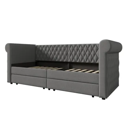 Produktbild von Polsterbett 90x200cm Schlafsofa (Ohne Matratze) Tagesbett Kinderbett Jugendbett Mit 2 Stauraum Schubladen Mit Lattenrost Leinen Beige