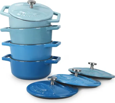 Produktbild von Navaris Mini Cocotte Set - 4x Gusseisen Mini Topf Blau - Optimale Wärme Distribution - Mini Auflaufform mit Deckel - Kleine Dessert Töpfe -