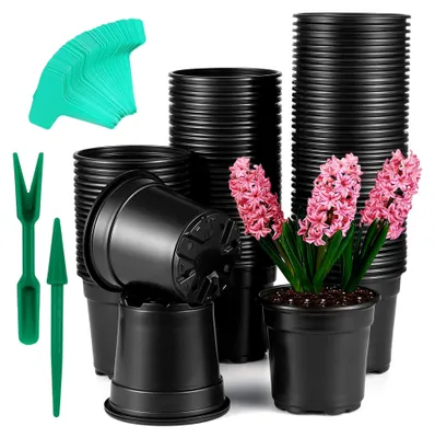 Produktbild von 100 Stück Pflanzentöpfe mit Pflanzenetiketten und Mini-Werkzeugen zum Umpflanzen, Schwarz (4 Zoll)