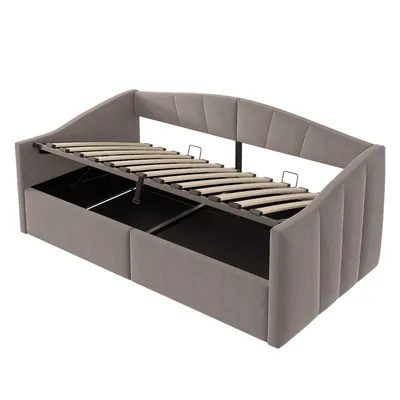 Produktbild von Flieks Tagesbett Schlafsofa 90x200cm mit Stauraum, Polsterbett Daybed mit Lattenrost, Sofabett mit Arm- und Rückenklehne, Stauraumbett Samt, Grau