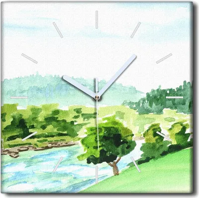 Produktbild von Coloray Uhr auf Leinwand 30x30 cm Wand Uhr Dekoration Wohnzimmer Segeltuch weiße Zeiger -River Aquarell Landschaft.