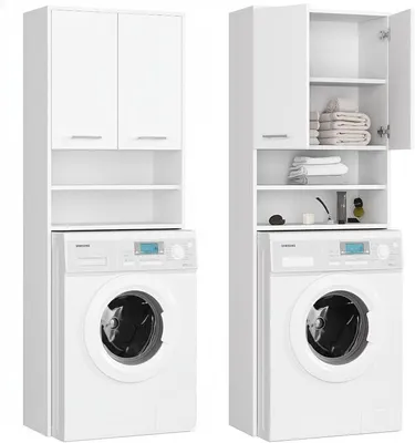 Productafbeelding van Wasmachinekast 64x30x180cm, hoge kast voor de badkamer, met 2 deuren en 4 planken. Badkamerkast, badkamerplank, geschikt voor de hal, kleur: wit