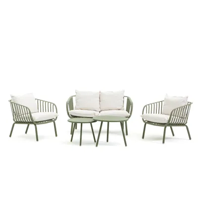 Immagine prodotto di Set da giardino con divano a 2 posti, 2 poltrone e 2 tavoli - struttura in fibra di vetro rinforzata con resina e gambe in acciaio, cuscini sfoderabili da 10 cm - design moderno e confortevole per giardino, patio e veranda - BELLAGIO - Pistacchio