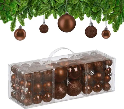 Productafbeelding van Relaxdays kerstballen, set van 76 stuks, kunststof, glanzende, matte en glinsterende kerstballen, kerstversiering, bruin