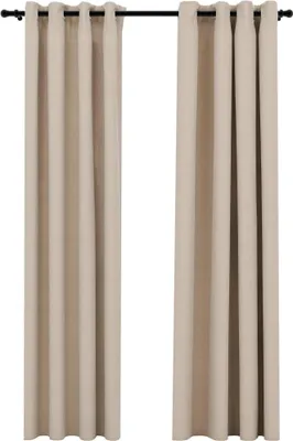 Two beige curtains hanging from a black curtain rod against a white background.