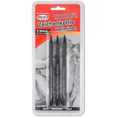 Produktbild von Zeichenkohle - Vollminen, Set/3, ø 7,2x 145mm, lackiert, in soft, medium, hart