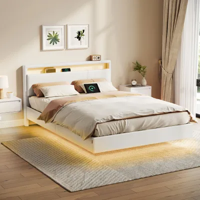 Produktbild von VASAGLE Bettgestell, Doppelbettgestell, 140 x 200 cm, schwebender visueller Effekt, Bett mit LED-Beleuchtung, hohem Kopfteil, Ladestation, modern