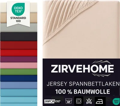 A product image showing a fitted sheet in beige, with a swatch of other colors on the left and branding and product information on the bottom right.