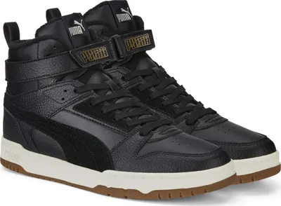 A pair of black Puma high-top sneakers with white soles and brown accents.