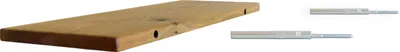 A wooden shelf and two metal brackets against a white background.