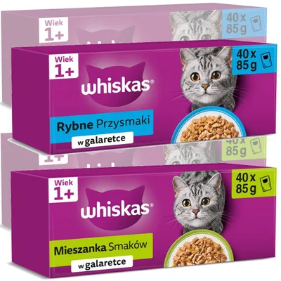 Produktbild von Whiskas Adult 160x85g Fischleckerbissen und Geschmacksmischung in Gelee Nassfutter für ausgewachsene Katzen
