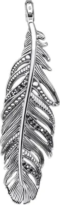 A silver feather pendant on a white background.