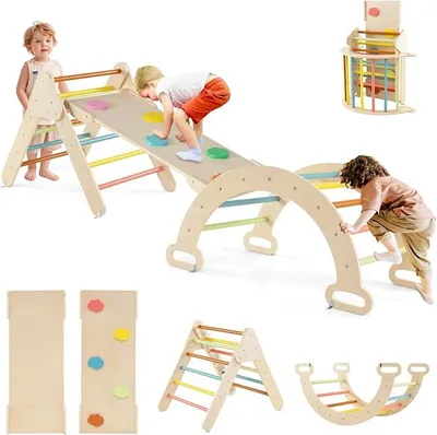 Imagen del producto de Triángulo de escalada Montessori con barra de escalada y tobogán, triángulo de madera para bebés a partir de 1 año, juguete de escalada, estructura de escalada y tobogán para interiores (color macaron, sin cojín)