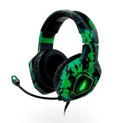 A gaming headset with a camouflage pattern and green lighting.