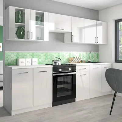 Produktbild von Roe Furniture Leco Küchenzeile 260 cm, Weiß Hochglanz, mit Arbeitsplatte