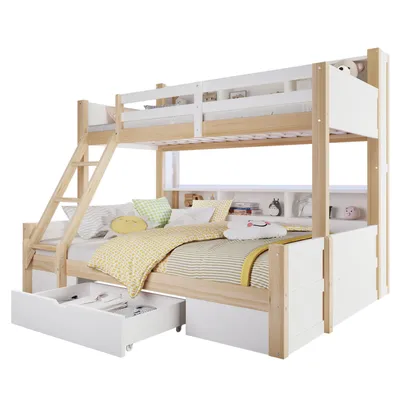 Produktbild von Etagenbett mit 2 Liegeflächen, LED-Beleuchtung, Schubladen, Regal, Rausfallschutz, Lattenrost, 90x200cm/140x200cm, Kinderbett