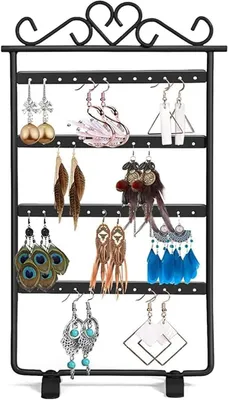 Produktbild von Ohrringhalter aus Metall – Schmuckständer, Schmuckregal – zur Schmuckorganisation – 4 Ebenen, 48 Fächer – 30 x 16 cm – Schwarz
