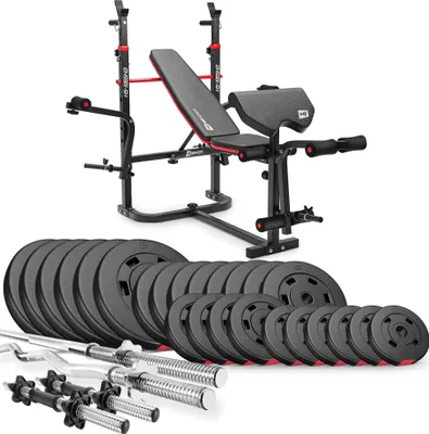 Produktbild von Hop-Sport Hantelbank HS-1065 + Curlpult - inkl. 135 KG Hantelset: Lang-, Curl- & Kurzhantelstange, Gewichte/Hantelscheiben