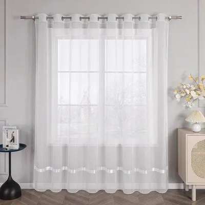 Productafbeelding van Ibenzoa® Transparante witte voile gordijn, 100 x 300 cm, 100% polyester, met oogjes en satijnband – lichte raamdecoratie
