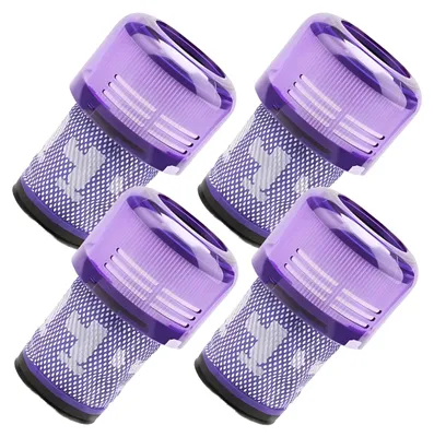 Four purple vacuum cleaner filters arranged in a diagonal formation against a white background.