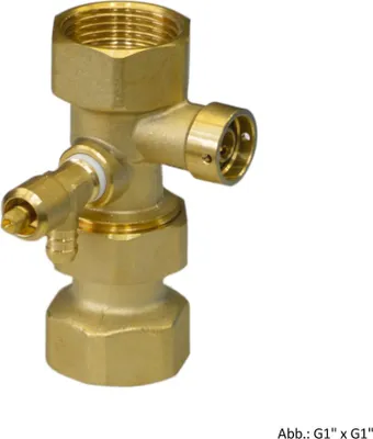 A close-up studio shot of a brass valve fitting against a white background.