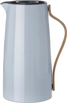 A light blue carafe with a wooden handle and black lid, isolated on a white background.