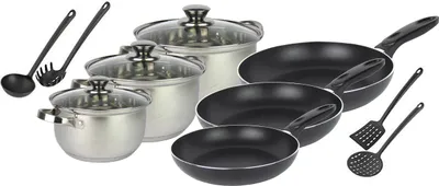 A collection of cookware and kitchen utensils arranged on a white background.
