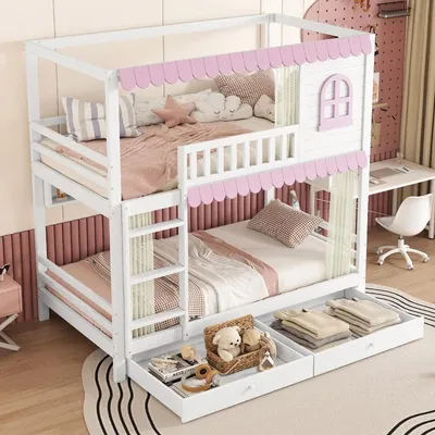 Productafbeelding van Stapelbed 90x200 cm, wit/roze, gemaakt van grenenhout en MDF, met valbeveiliging en twee lades, geschikt voor kinderkamer of slaapkamer