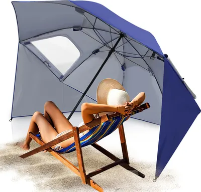 Produktbild von Aopunly Strandschirm Sonnenschirm 210cm UV Schutz 50+ Neigbar mit Erdspieß Tragetasche Wasserabweisend Strand Garten Balkonschirm Gartenschirm Blau