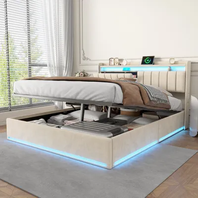 Produktbild von Polsterbett 140x190 cm mit Stauraum, Kopfteil mit Ladefunktion und Ablage, LED, Hydraulikbett mit Lattenrost, Bettgestell Beige, belastbar bis 500 kg, ohne Matratze