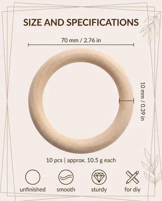 Obrázek produktu pro Dřevěné kruhy pro tvoření, 10 kusů, průměr 70 mm, tloušťka 10 mm, vhodné pro řemeslné práce