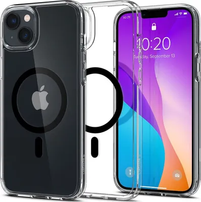 A clear phone case with a phone inside, showcasing the MagSafe feature.