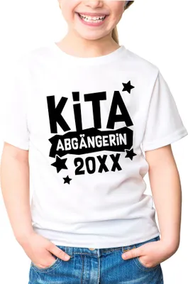 Produktbild von Kinder T-Shirt Mädchen Kita Abgängerin personalisiert mit Jahreszahl Abschied Kindergarten Geschenk Schulanfang Moonworks® Mädchen weiß 110-116 (5-6 Jahre)