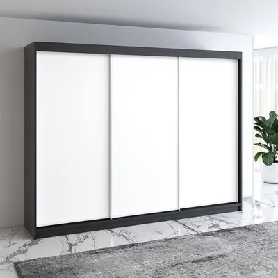Produktbild von Schwebetürenschrank, 3-türig Schrank mit 4 Schubladen! Moderne Garderobe für Kleidung. Verschiedene Farben (Weiß, Schwarz, Somona) Kleiderschrank  MERO 200 cm