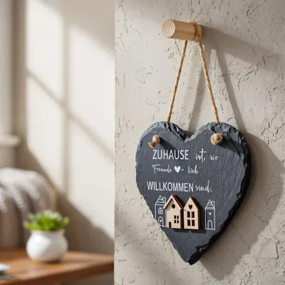 Produktbild von Wandbild Schieferherz 15x15cm Zuhause Willkommen Türschild Wanddeko Schiefertafel