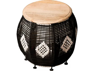 A round woven stool with a wooden top on a white background.